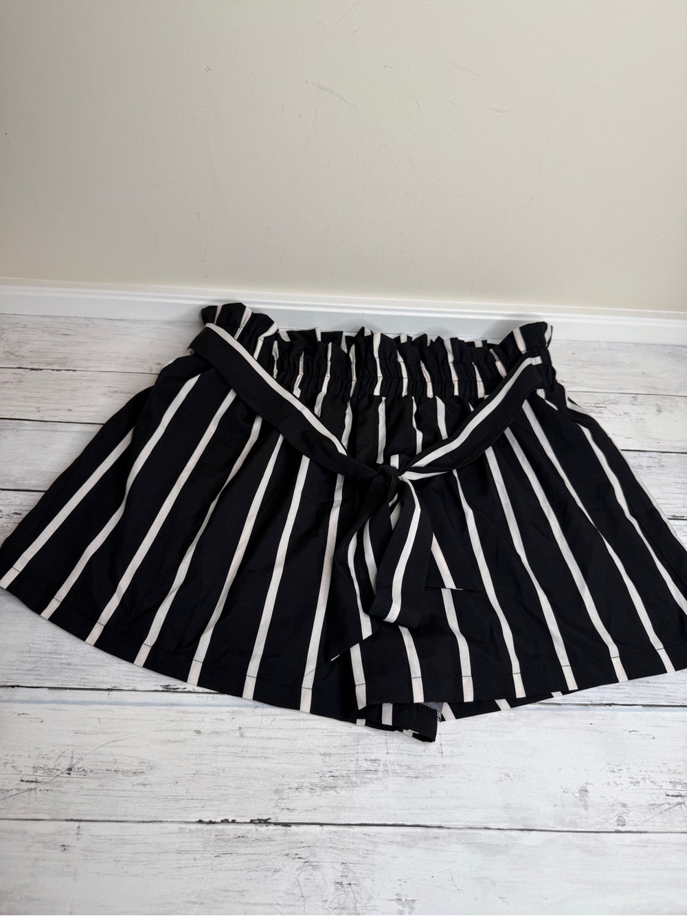 SHEIN Black and White High-Waist Striped Paperbag Shorts